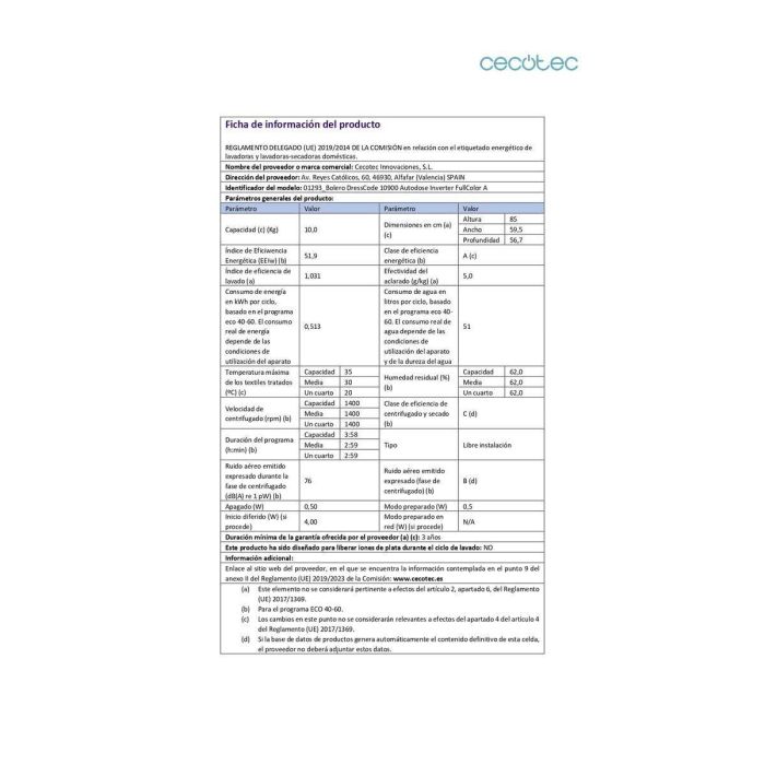Cecotec Lavadora 10 kg DressCode 10900 Autodose Inverter FullColor A 1400 rpm Clase A 3 Cecotec Lavadora 10 kg DressCode 10900 Autodose Inverter FullColor A 1400 rpm Clase A 3