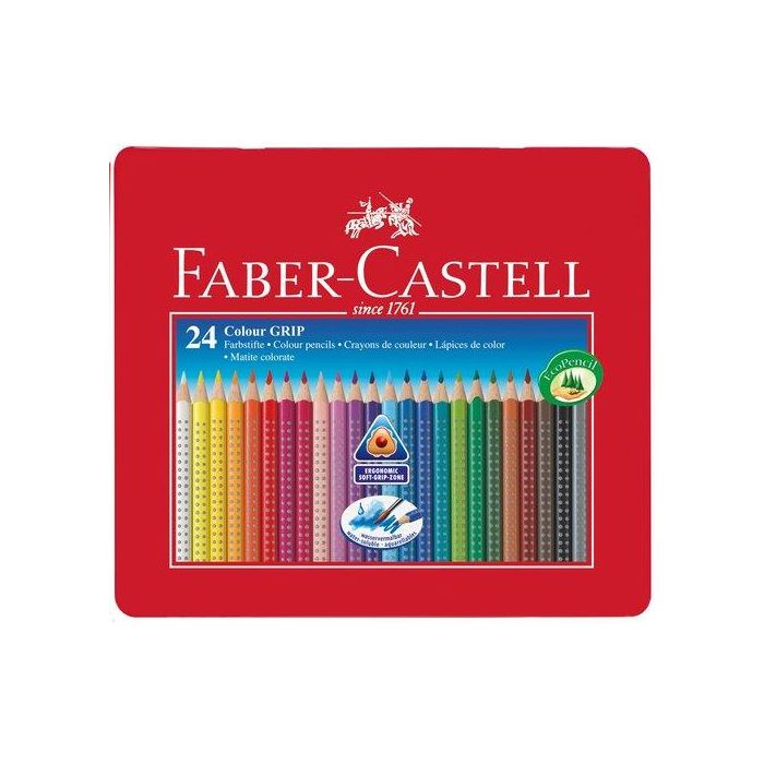 Faber Castell Ecolápices Colour Grip Acuarelables Triangular, Caja Metálica de 24 Colores Surtidos