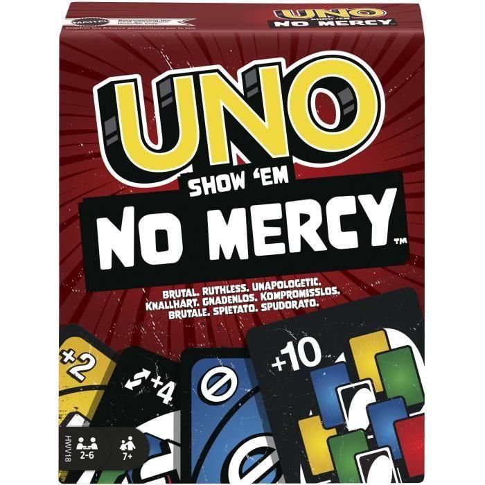 Mattel Juego de Cartas Uno No Mercy. La edición más despiadada con reglas y cartas especiales, ideal para mayores de 5 años. Español/Portugués.