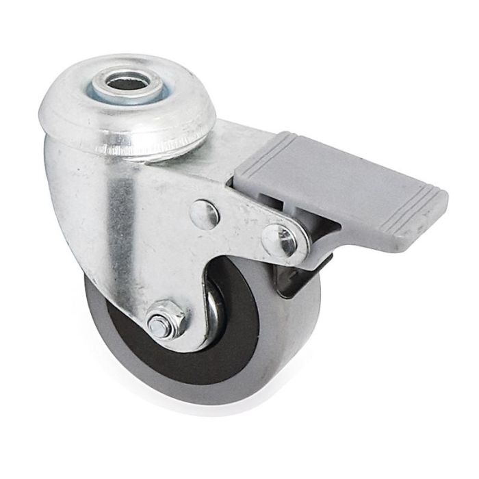 Q&Q Rueda Giratoria JADE TP Taladro Pasante Ø60mm Goma Gris Freno Integral 50kg Soporte Zincado Doble Hilera Bolas Placas Antihilos