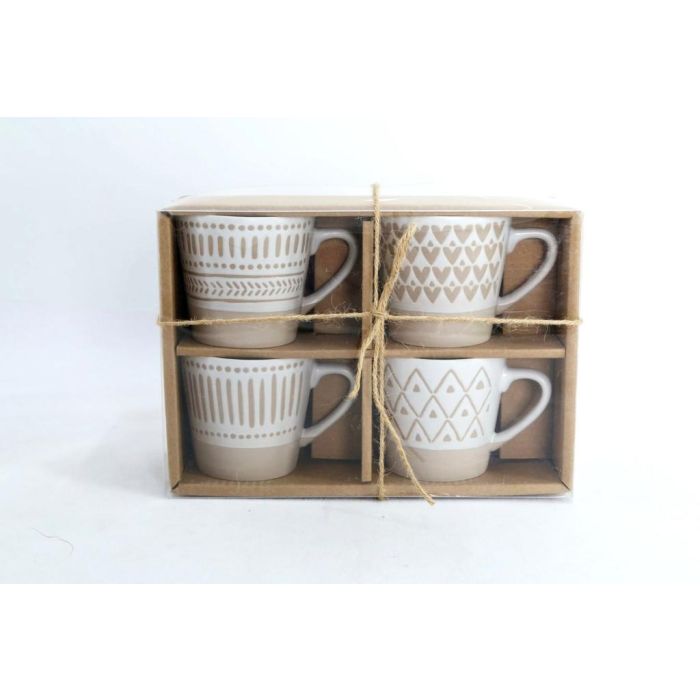 DKD Home Decor Tazas de Café Boho de Gres Beige Blanco 180ml Set de 4, Apto Microondas y Lavavajillas