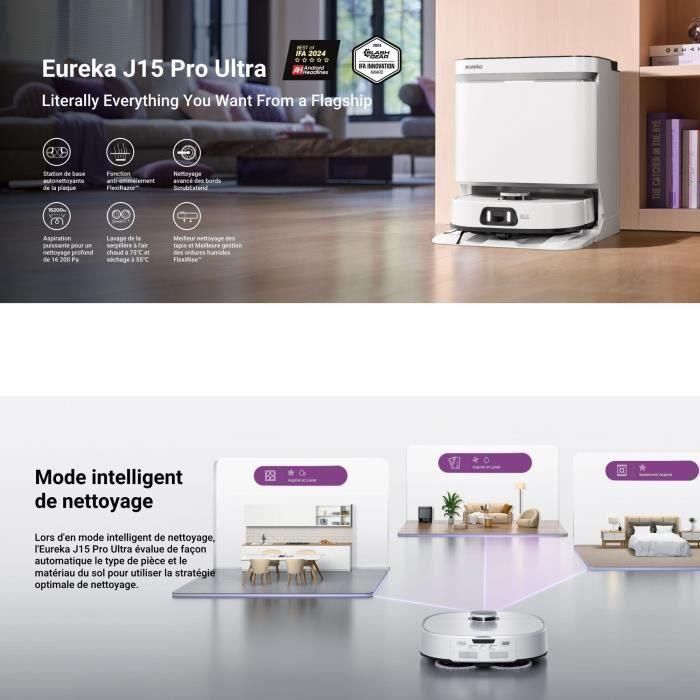 Eureka J15 Pro Ultra EUR1744338549825 Robot Aspirador 16.200 Pa Agua Caliente 75 °C Mopa Extensible FlexiMop Blanco 2
