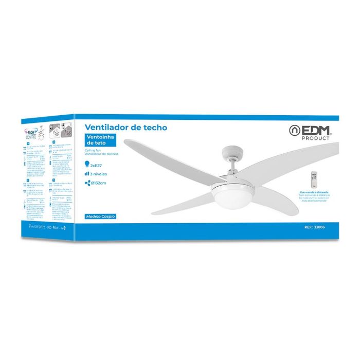 Ventilador de techo modelo caspio. color blanco. potencia: 60w aspas: ø132cm con mando a distancia edm 4