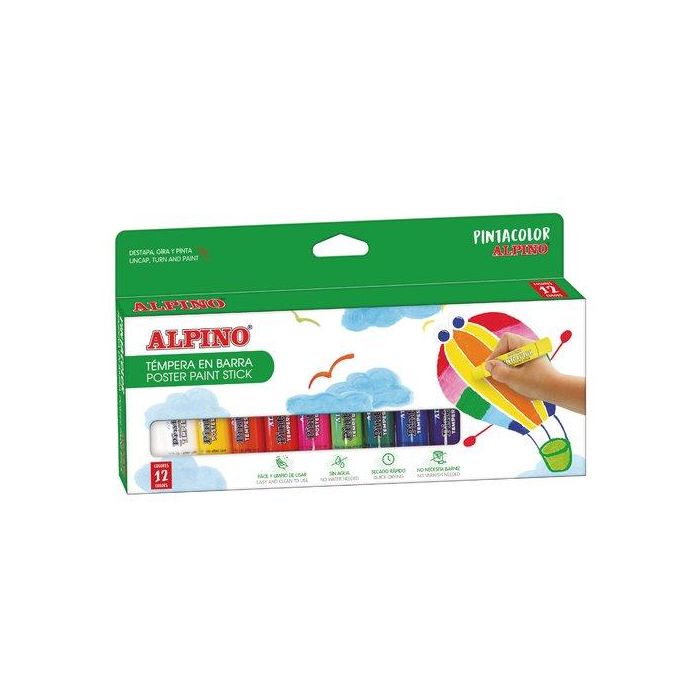 Alpino Témpera en barra Pintacolor, limpia y de secado rápido, 12 colores surtidos para papel, cartón y madera