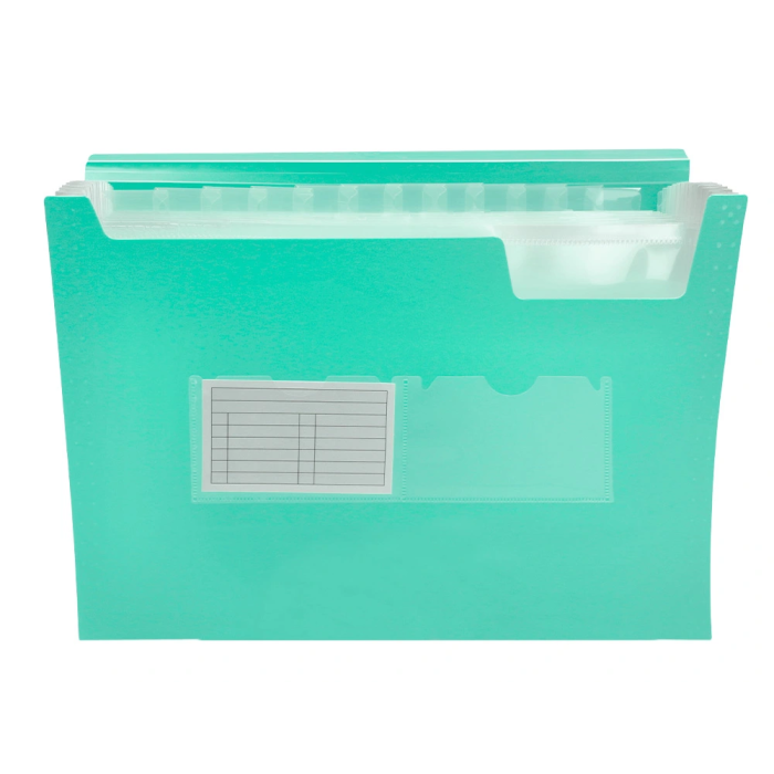 Liderpapel Carpeta Clasificador Fuelle Polipropileno DIN A4 Verde Opaco 13 Departamentos Cierre Gomas 2 Huecos Tarjetas Etiquetas Meses A-Z 5