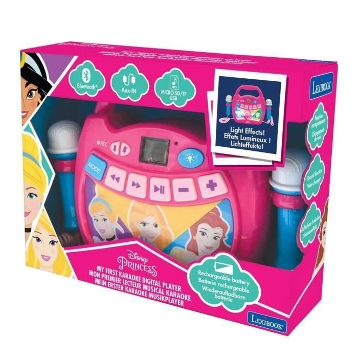 Lexibook Princesa de Disney - Reproductor Karaoke Bluetooth Portátil para Niños con 2 Micrófonos, Efectos de Luz LED, Grabación y Cambio de Voz, Batería Recargable 4
