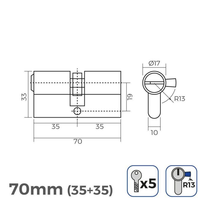 Edm Cilindro Bombín 70mm (35+35mm) Niquelado Leva Corta R13 con 5 Llaves de Seguridad