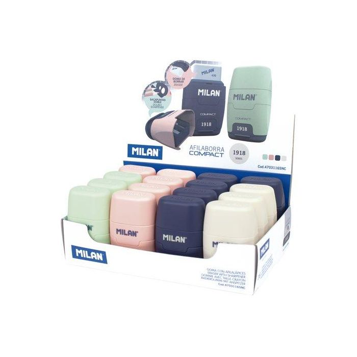 Milan Serie 1918 Afilaborra Compact con Goma de Borrar y Depósito, Sacapuntas Doble MAXI, Caja Expositora 16 Unidades Milan Serie 1918 Afilaborra Compact con Goma de Borrar y Depósito, Sacapuntas Doble MAXI, Caja Expositora 16 Unidades