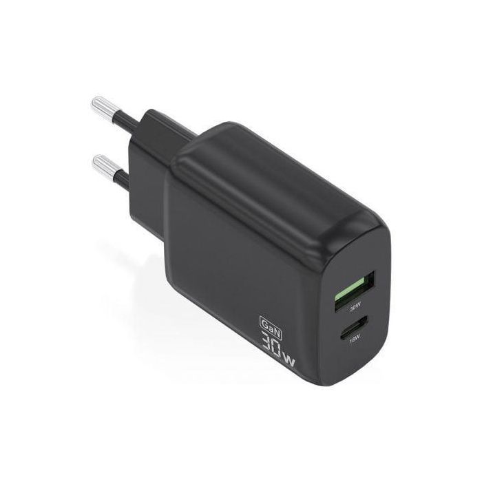 Aisens A110-0924 Cargador de Pared GaN 30W USB-C PD 3.0 y USB-A QC 3.0, 33W total, Carga Rápida para Portátiles, Móviles, Tablets, Negro. Aisens A110-0924 Cargador de Pared GaN 30W USB-C PD 3.0 y USB-A QC 3.0, 33W total, Carga Rápida para Portátiles, Móviles, Tablets, Negro.