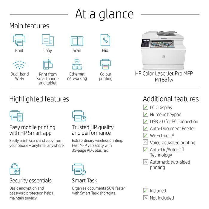 HP Color LaserJet Pro MFP M183fw, Laser, 216 x 356, 600 x 600dpi, 16ppm, 800MHz, 256MB, WiFi, LCD 23 HP Color LaserJet Pro MFP M183fw, Laser, 216 x 356, 600 x 600dpi, 16ppm, 800MHz, 256MB, WiFi, LCD 23