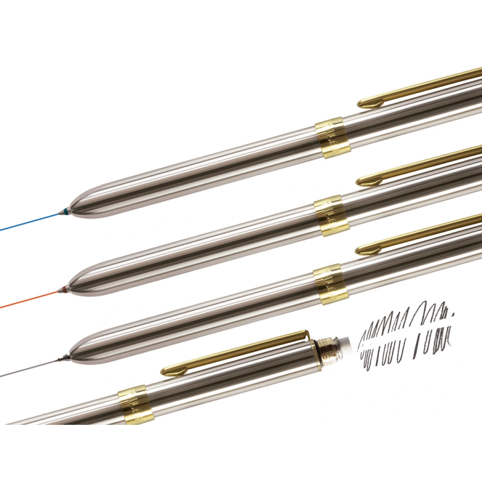 Milan Bolígrafo Multifunción Cromado Adornos Dorados Azul/Rojo/Portaminas 0.7mm/0.5mm Caja Metal 4