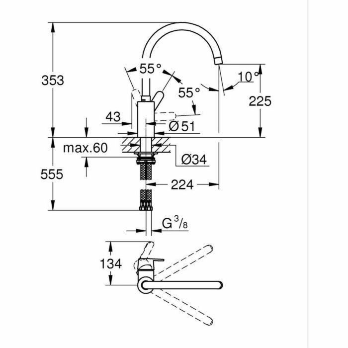Grohe 31494001 Grifo de Cocina Monomando Cromado con Caño en Forma de C Alto, Funcionalidad de Rotación 150° para Fregadero, Serie Get 1