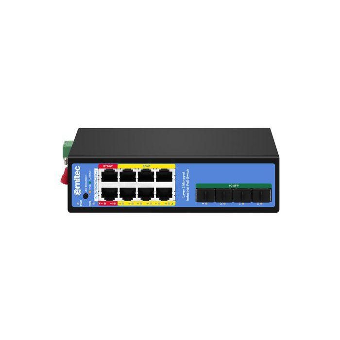 Ernitec Switch industrial gestionado PoE L2, 8 puertos Gigabit, 4 SFP, 1 consola, IP40, -40 a 75°C, DIN35