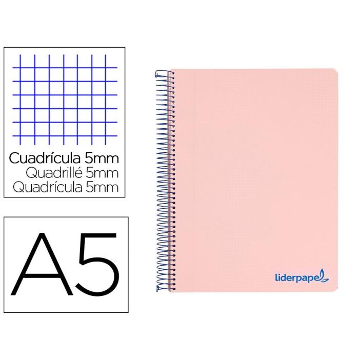 Cuaderno Espiral Liderpapel A5 Micro Wonder Tapa Plastico 120H 90 gr Cuadro 5 mm 5 Bandas 6 Taladros Color Rosa