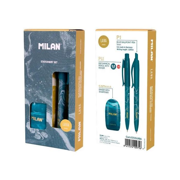 Milan Caja Regalo Serie Lava Con Bolígrafo P1, Portaminas Pl1 0.5 Y Afilaborra Capsule Azul Milan Caja Regalo Serie Lava Con Bolígrafo P1, Portaminas Pl1 0.5 Y Afilaborra Capsule Azul