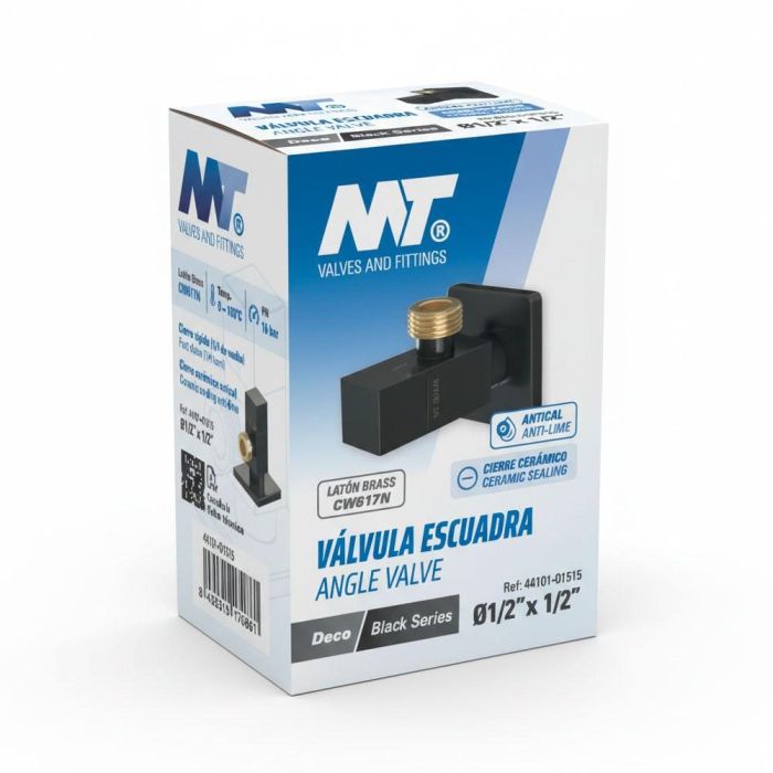 MT Válvula Escuadra Modelo Deco Negro, Mando Cuadrado Antical, Cierre Cerámico ¼ Vuelta, Rosca ½ x ½ Pulgada, Latón y Acero Inoxidable