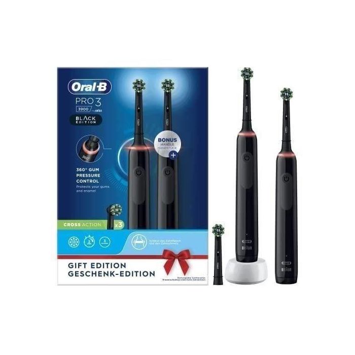 Cepillo de dientes eléctrico Oral-B Pro 3 3900 - Juego de 2 - 2 mangos negros - 3 cabezales - Diseñado por Braun Cepillo de dientes eléctrico Oral-B Pro 3 3900 - Juego de 2 - 2 mangos negros - 3 cabezales - Diseñado por Braun