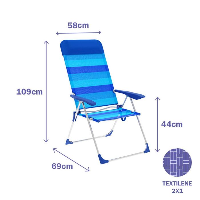 Marbueno Silla Plegable 5 Posiciones Aluminio con Cojin Rayas Azules Playa y Piscina 69X58X109 cm 10248 1 Marbueno Silla Plegable 5 Posiciones Aluminio con Cojin Rayas Azules Playa y Piscina 69X58X109 cm 10248 1