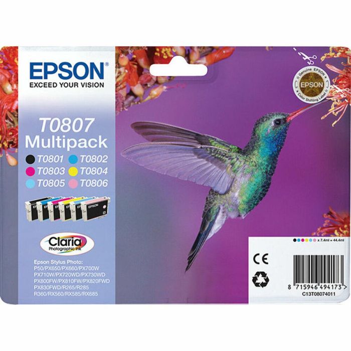 Epson T0807 Multipack Tintas Colibri - Black, Cyan, Magenta, Yellow, Light Cyan, Light Magenta - Compatible Stylus Photo P660 / P50 / PX700W / PX710W / PX800FW