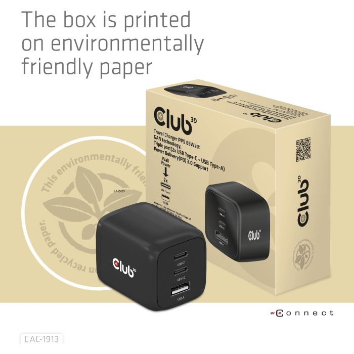 Club3D Ladegerät 2xUSB Typ C. 1xUSB Typ A. PD 65W. GaN retail 5