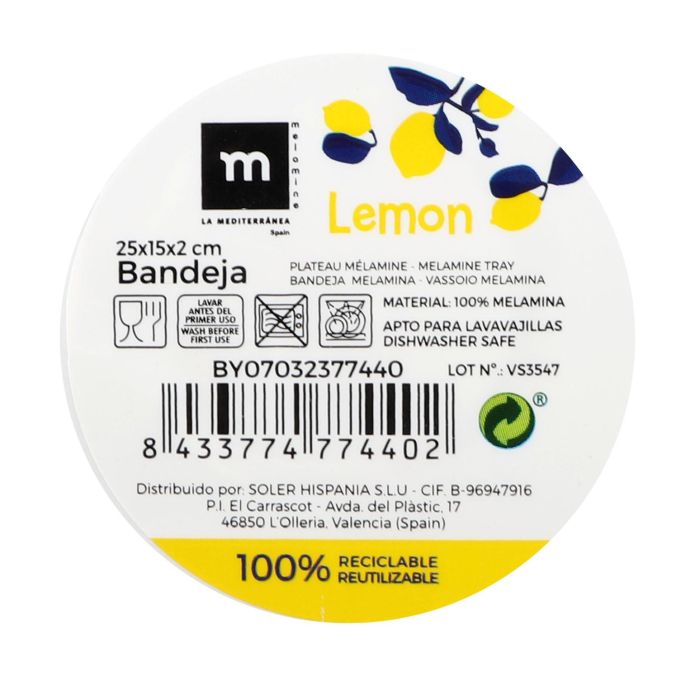 Bandeja Melamina Brillo Lemon 25x15x2 cm La Mediterranea (12 Unidades) 1 Bandeja Melamina Brillo Lemon 25x15x2 cm La Mediterranea (12 Unidades) 1