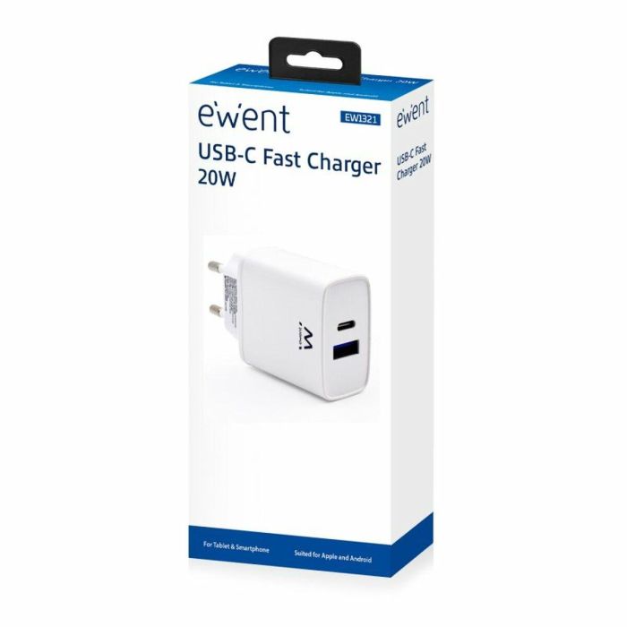 Ewent EW1321_R1 Cargador Universal 20W Carga Rápida USB-C PD PPS QC3.0 USB-A GaN Blanco para iPhone y Android 1