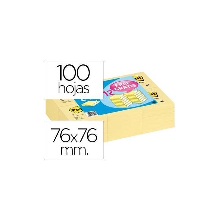 Bloc De Notas Adhesivas Quita Y Pon Post-It 76x76 mm Pack Promocional 24+12 Unidades