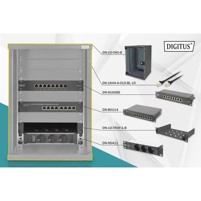 DIGITUS Armario Rack de Pared 9U 254 mm (10") 312x300mm (Ancho x Profundo) Capacidad 30kg Negro con Cerradura