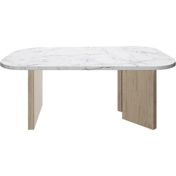 Mesa de centro ovalada - QUARTZ - Imitación mármol blanco - Patas gruesas de roble - 105 x 58 x 39 cm - DIAGONE 2 Mesa de centro ovalada - QUARTZ - Imitación mármol blanco - Patas gruesas de roble - 105 x 58 x 39 cm - DIAGONE 2
