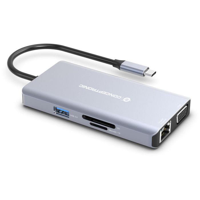 Conceptronic Docking Station USB Tipo C 10 en 1 con HDMI, VGA, USB-C PD, USB 3.0, GbE, AUX, Soporte 4K 3