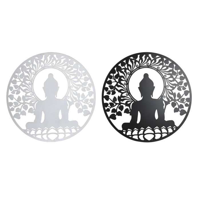 DKD Home Decor Decoración de Pared Mural Oriental Buda Metálico Negro Blanco 100x100 cm Pack 2 Unidades