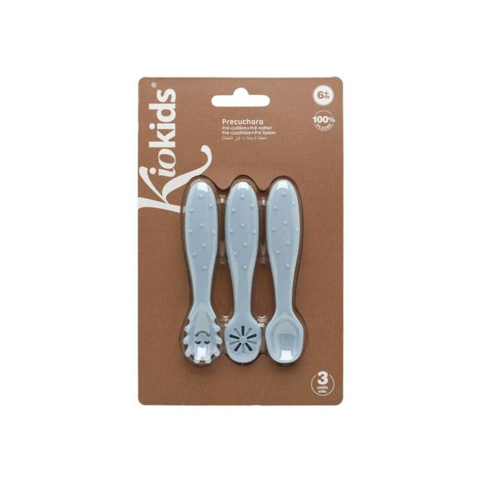 KioKids Lovely Friends Set de 3 Cubiertos de Silicona para Bebé Azul (+6 Meses) - Cuchara, Pre-cuchara, Pre-tenedor para Alimentación y Dentición
