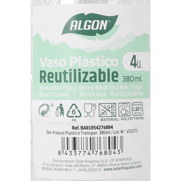 Set de 4 vasos de plástico transparente 380 ml - Algon (24 Cajas) 7 Set de 4 vasos de plástico transparente 380 ml - Algon (24 Cajas) 7