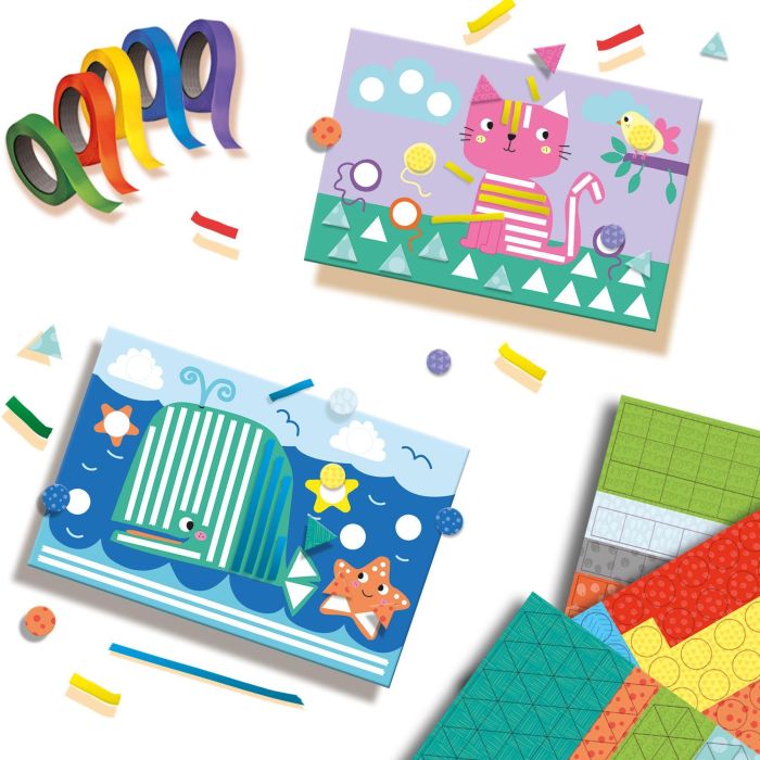 Ses Creative Aprendo a pegar y reconocer formas. Kit de manualidades con pegatinas, 5 rollos de cinta adhesiva y 24 cartas de animales 2