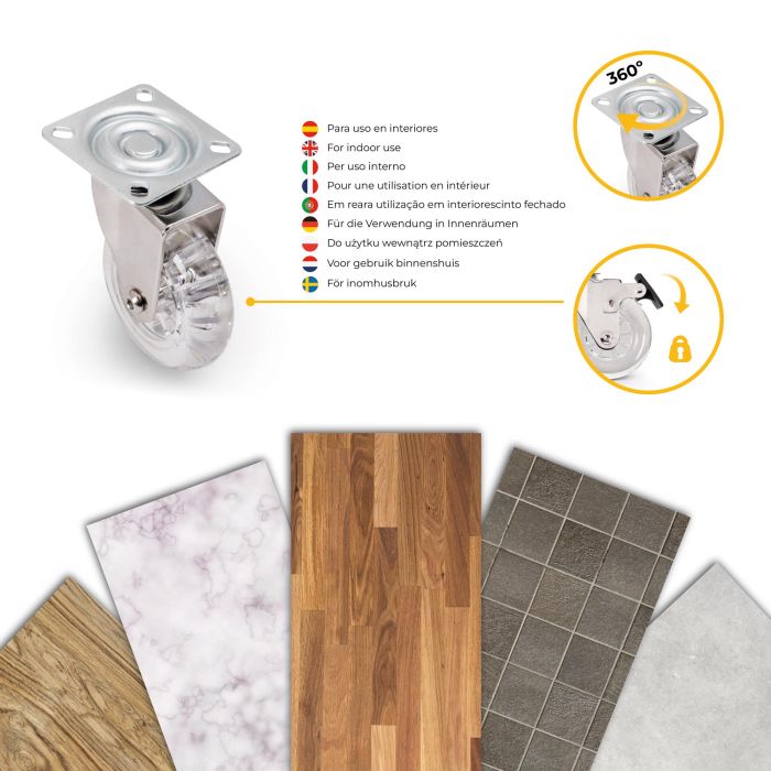 Emuca Lote de 4 ruedas Slip transparentes con placa de montaje, diámetro 75mm, Acero y Plástico 6