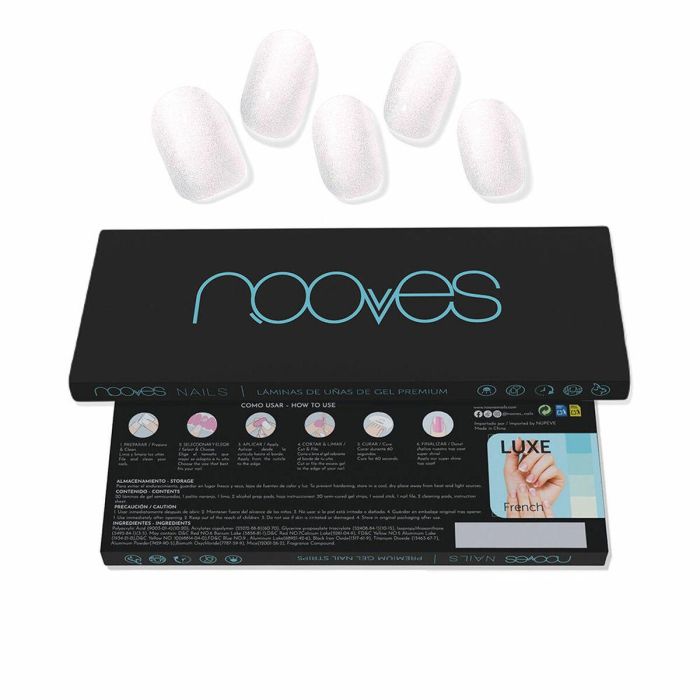 Nooves Láminas Uñas de Gel Precurado Premium Luxe Cat Perlé Blanco 20 unidades - Manicura Duradera, Sin Tóxicos, Profesional