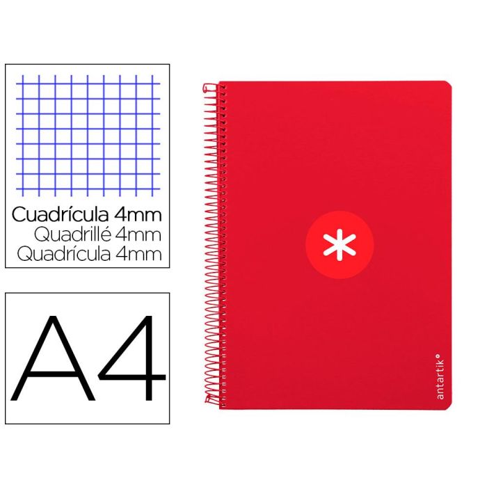 Cuaderno Espiral A4 Antartik Tapa Dura 80H 90 gr Cuadro 4 mm Con Margen Color Frambuesa