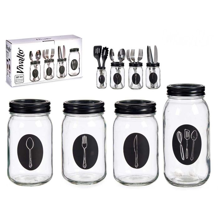 Set 4 Cuberteros Vidrio con Tapa Metal Vivalto - 9x9x17 cm, Transparente y Negro (6 Unidades) Set 4 Cuberteros Vidrio con Tapa Metal Vivalto - 9x9x17 cm, Transparente y Negro (6 Unidades)