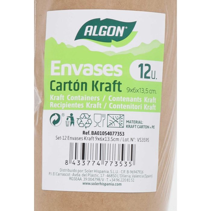 Algon Set 12 Envases Kraft 9 x 9 x 13.5 cm (24 Unidades)