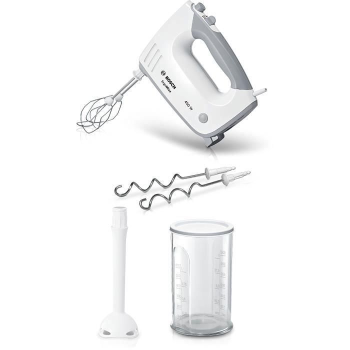 Bosch MFQ36440 Batidora de Mano 450W, 5 velocidades, 2 batidores y 2 ganchos amasadores acero inoxidable, bol graduado con tapa, Blanco/Gris Bosch MFQ36440 Batidora de Mano 450W, 5 velocidades, 2 batidores y 2 ganchos amasadores acero inoxidable, bol graduado con tapa, Blanco/Gris