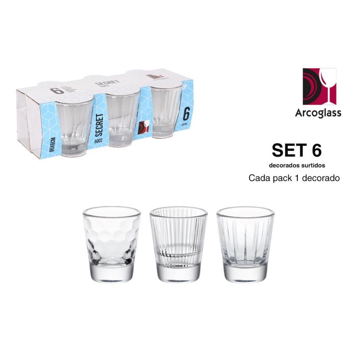 La Mediterranea Set 6 Chupitos Surtidos Secret, Vasos de Cristal 50 cc, Medidas Ø 5 x 6 cm (18 Cajas)