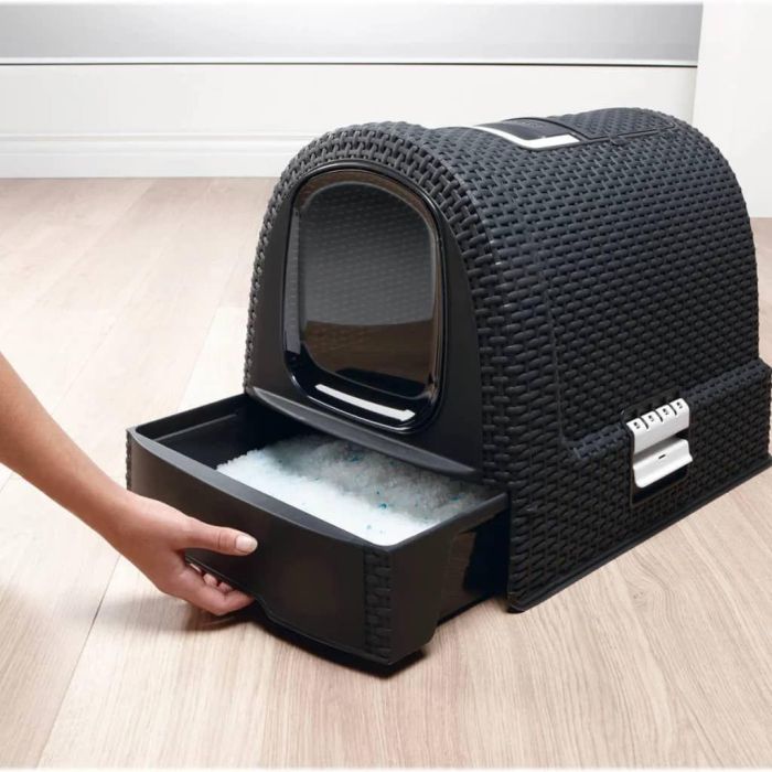 Curver Caja de arena para gatos de diseño resina tejida con bandeja cernedor, filtro de olor y asa, antracita - 51x38.5x39.5cm 2 Curver Caja de arena para gatos de diseño resina tejida con bandeja cernedor, filtro de olor y asa, antracita - 51x38.5x39.5cm 2