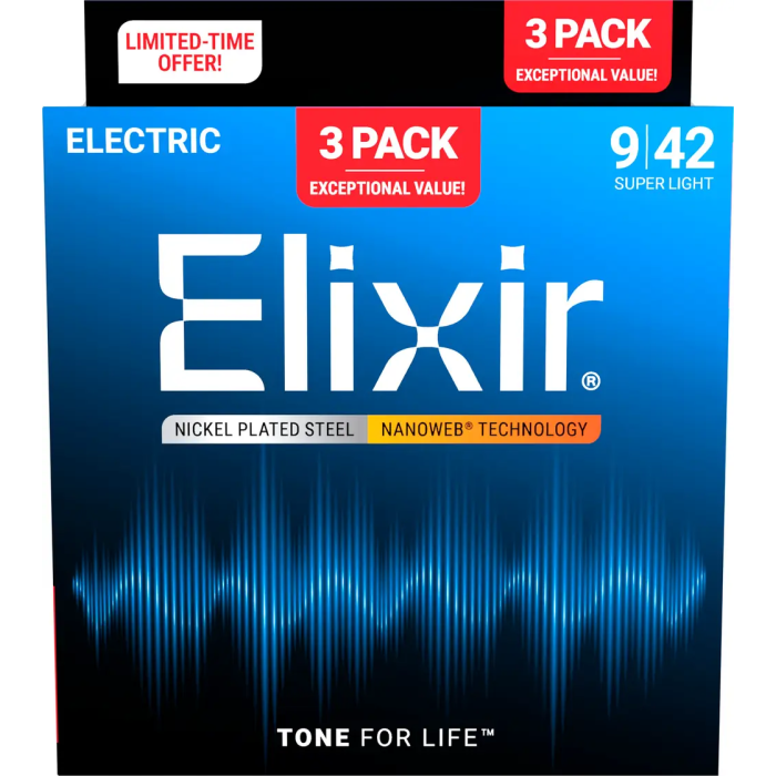 Elixir Pack 3 Cuerdas Guitarra Eléctrica Nanoweb Nickel Plated Steel Super Light 9-42 2