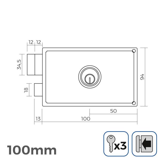 Edm Cerradura izquierda 100mm, acero, 3 llaves incluidas 1 Edm Cerradura izquierda 100mm, acero, 3 llaves incluidas 1