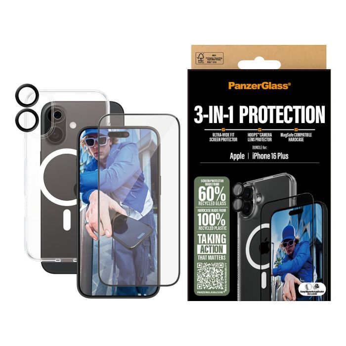 PanzerGlass Protección 3-en-1 para iPhone 16 Plus, Resistente a Rayones y Golpes, Transparente 1