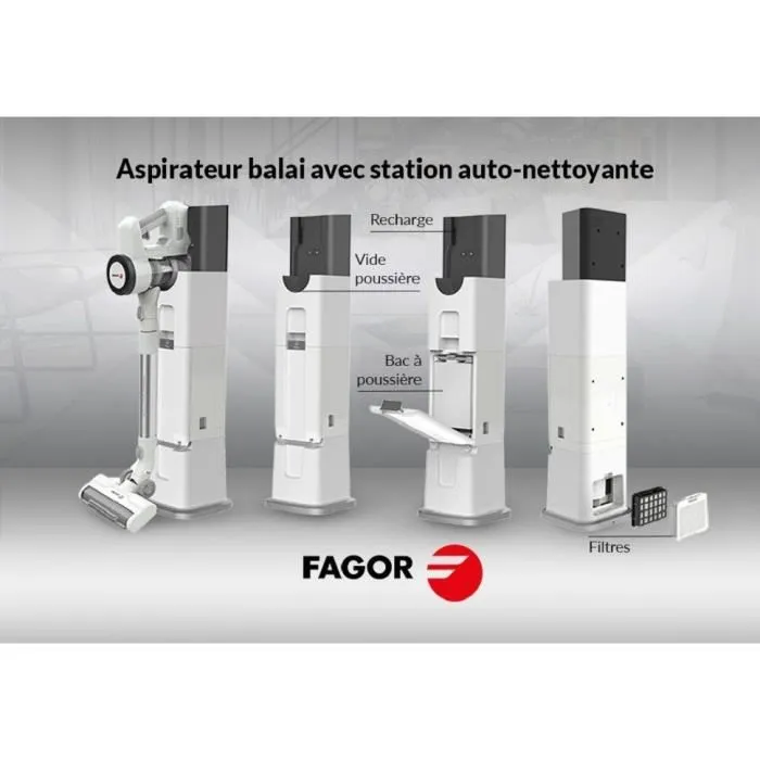 Fagor FG6415 Aspirador Escoba Inalámbrico 2 en 1, 300W, Autonomía 60 min, Con Base Autolimpiante, Tubo Flexible, 3 Velocidades 3