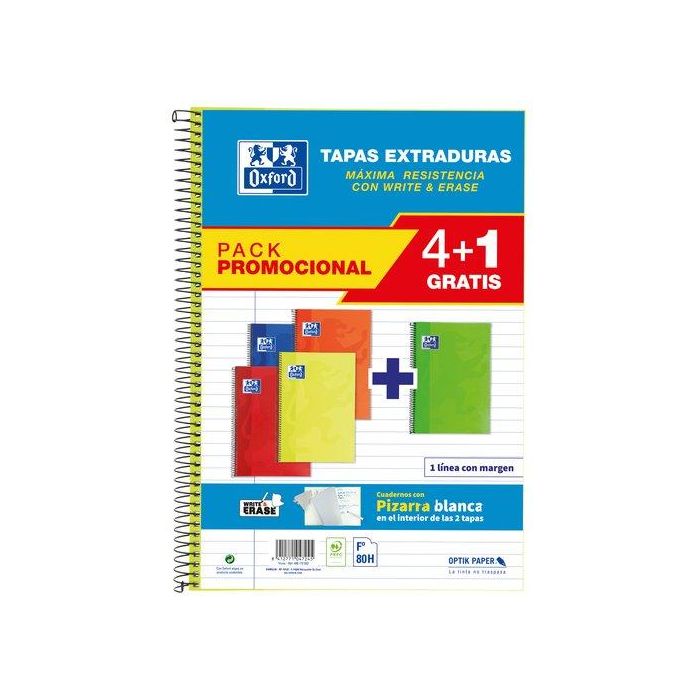 Oxford Cuaderno Espiral Classic White&Erase 80H Folio 1 Línea T-Extradura Pack 4+1 C-Surtidos