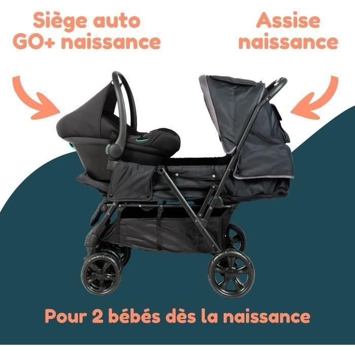 Cochecito doble gemelo - BAMBISOL - Cochecito doble combinado + Silla de coche I-size - 4 ruedas - Negro Cochecito doble gemelo - BAMBISOL - Cochecito doble combinado + Silla de coche I-size - 4 ruedas - Negro
