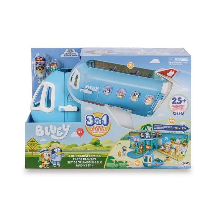 Avión 3 en 1 de bluey con sonidos ¡se convierte en hotel, barco y playa! incluye figura de bingo, bluey y accesorios