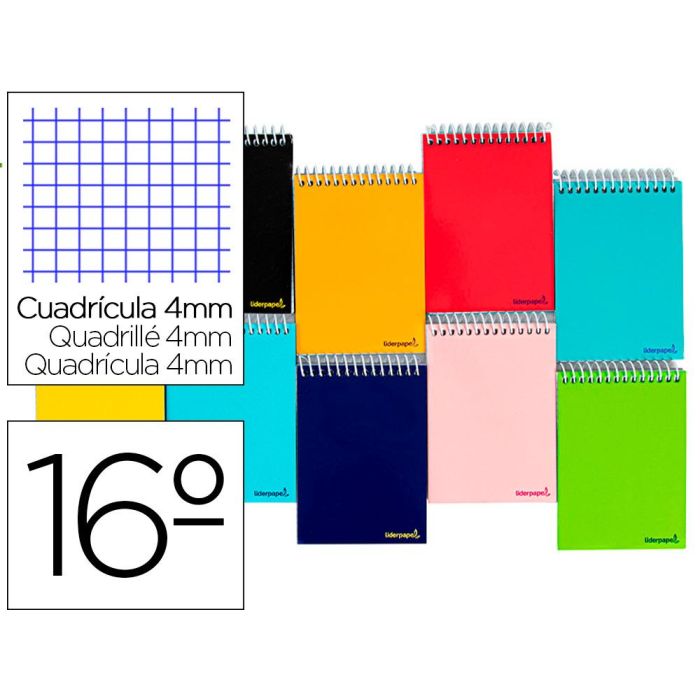 Cuaderno Espiral Liderpapel Bolsillo Dieciseavo Apaisado Smart Tapa Blanda 80H 60 gr Cuadro 4 mm Colores Surtidos 10 unidades